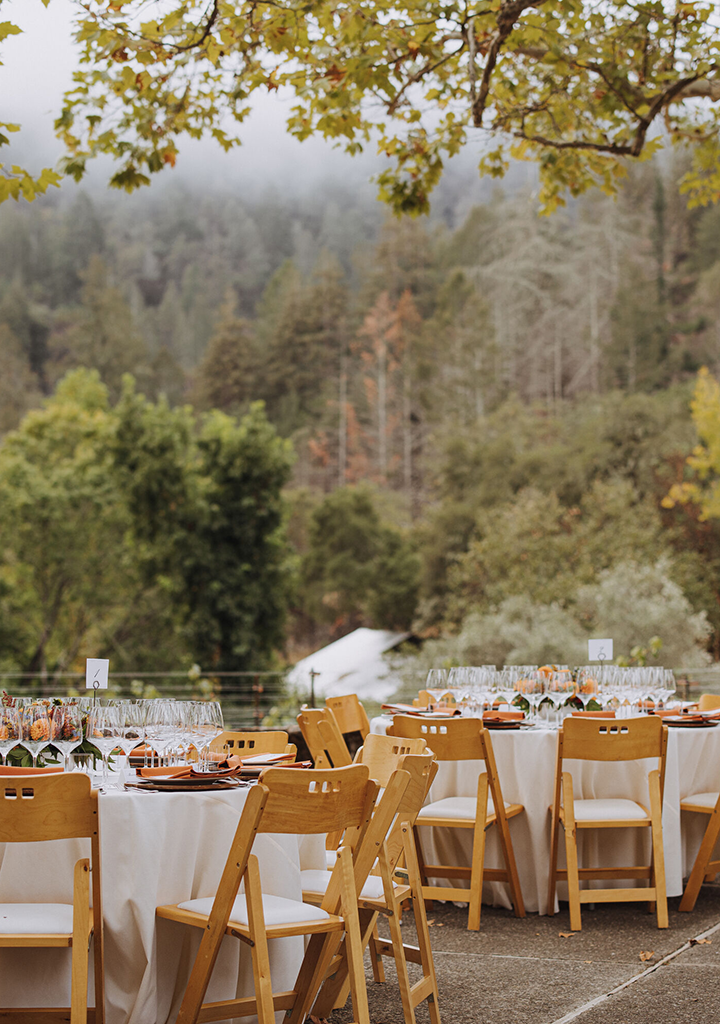 A set of tables and chairs outside a Stony Hill event.